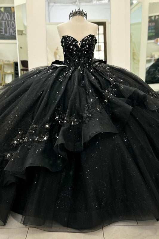 HE211-Vestido de quinceañera de princesa negro con escote en forma de corazón, vestido de fiesta de cumpleaños con apliques de encaje de tul, vestido de dulces 16