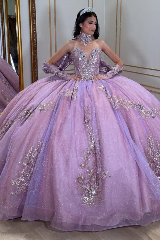 Sweetheart Lilac Tulle Lace Appliques Sweet 16 Quinceanera Dresses HE508