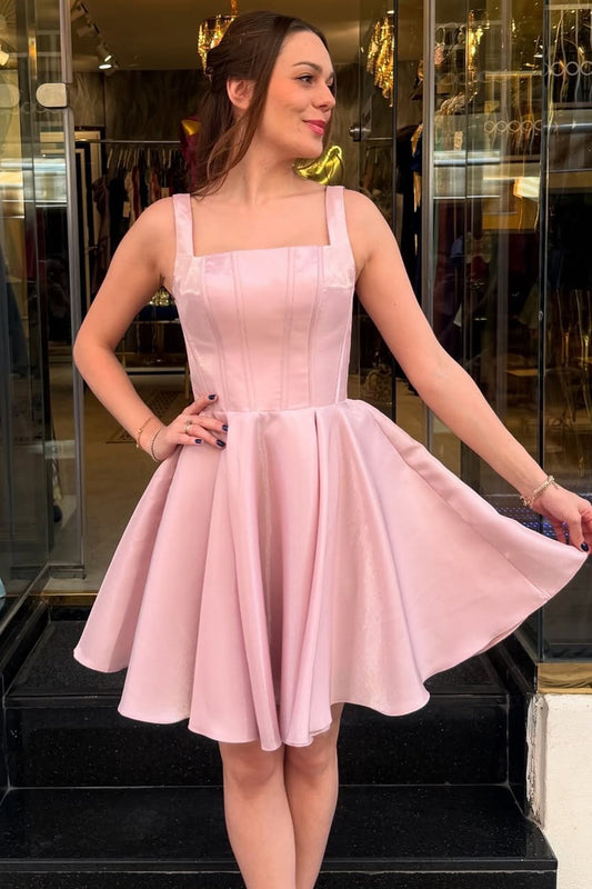 Pink Satin Homecoming Dresses for Juniors A Line Knee Length Cocktail Gowns HE408