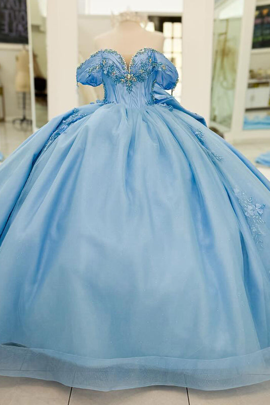 HE384-Sky Blue Quinceanera Dresses Off Shoulder Tulle Appliques Prom Gowns Princess Sweet 16 Party Dresses with Long Train