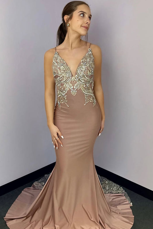 HE340-Mermaid Satin Lace Appliqued Prom Dresses Plus Size V Neck Evening Gowns Backless Party Dresses for Women
