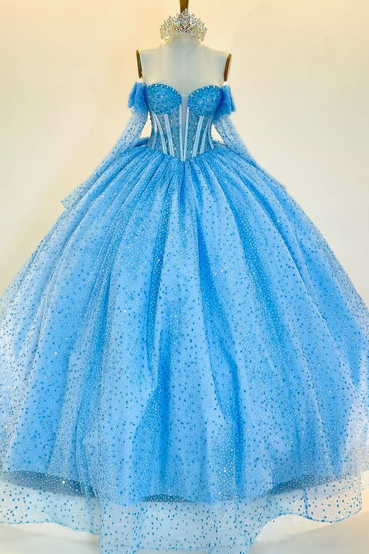 Off Shoulder Glittery Tulle Quinceanera Dresses Princess Sweet 16 Prom Dress HE427