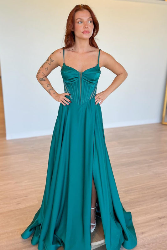 A Line Satin Prom Dresses Long Spaghetti Straps Corset Evening Gowns with Slit HE200