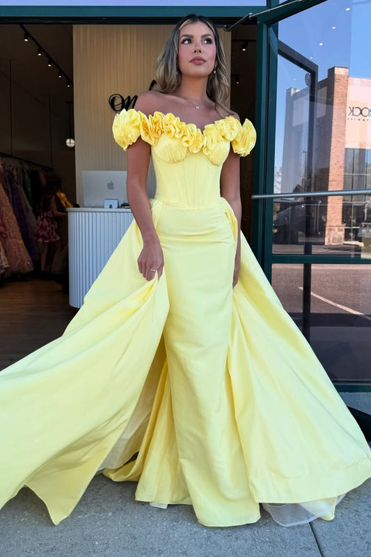 Mermaid Satin Ruffles Prom Dresses Long Yellow Plus Size Evening Gowns for Women HE267