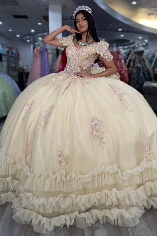 Vestidos de quinceañera color champán con tul y volantes, vestido de fiesta para dulces 16, HE523