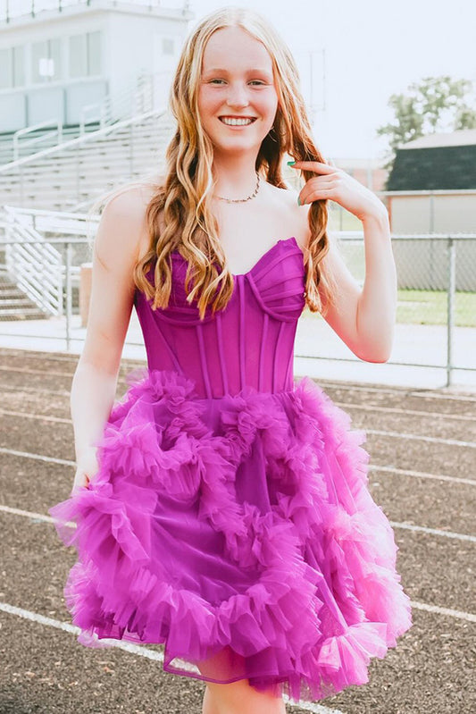 Fuchsia Sweetheart Tulle Corset Knee Length Homecoming Dresses with Ruffles HE578