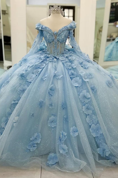 HE212-Sky Blue Ball Gown Quinceanera Dresses 3d Flowers Princess Tulle Appliques Sweet 16 Party Gowns with Detachable Sleeves