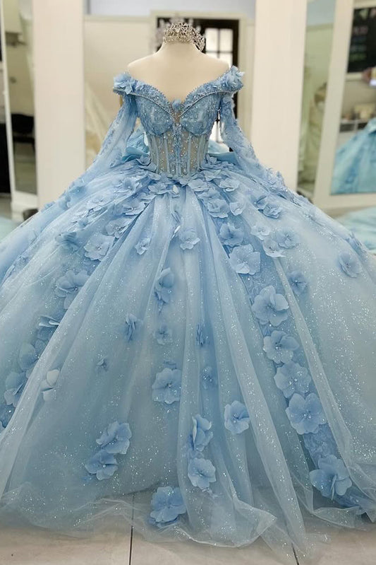 HE212-Sky Blue Ball Gown Quinceanera Dresses 3d Flowers Princess Tulle Appliques Sweet 16 Party Gowns with Detachable Sleeves
