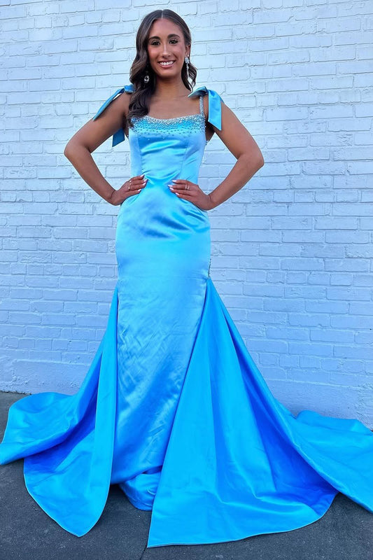 HE184-Mermaid Satin Sequin Beaded Long Prom Dresses Spaghetti Straps Blue Evening Gowns Long Train Sleeveless Formal Party Dress for Women