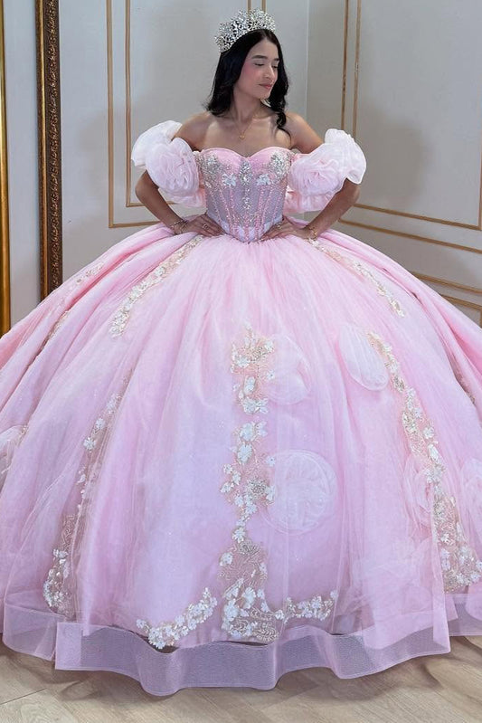 Vestidos de quinceañera con apliques de tul y escote corazón, vestidos de fiesta princesa color rosa HE436