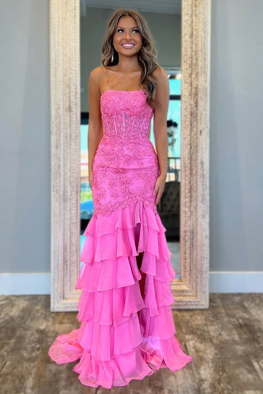 HE129-Chiffon Ruffles Long Prom Dresses with Lace Appliqued Mermaid Sweetheart Evening Party Gowns Side Slit Formal Dresses
