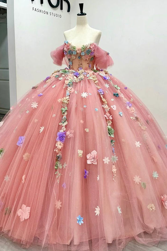 Vestidos de quinceañera de lujo con apliques de flores 3D, vestidos de fiesta de graduación para dulces 16, HE444