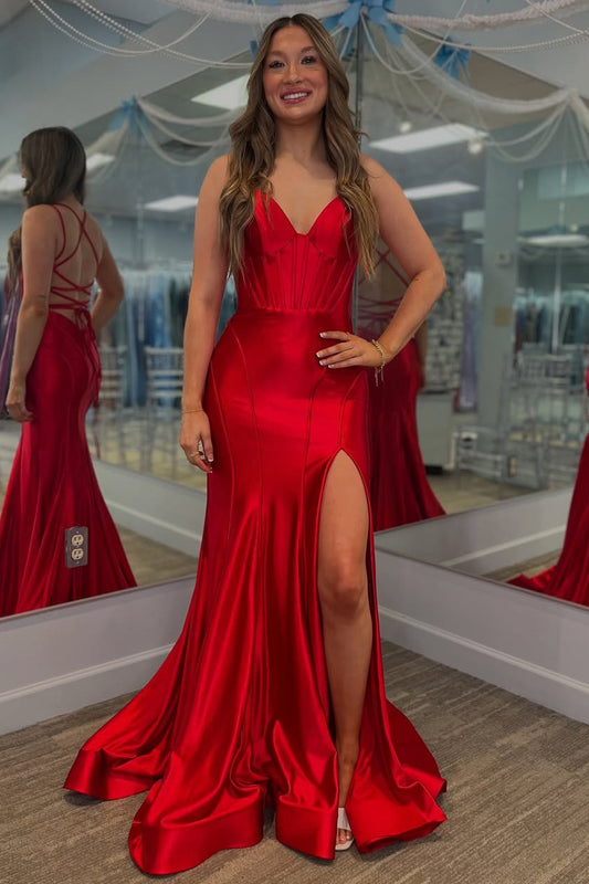 Women's Satin Long Prom Dresses with Slit Mermaid V Neck Evening Gowns HE203
