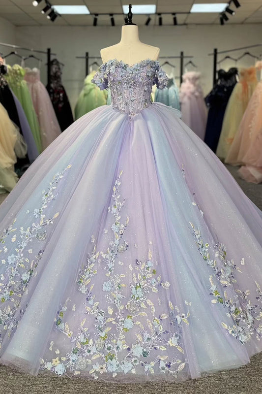 HE282-Lilac Off Shoulder Quinceanera Dresses Princess Ball Gown Tulle Lace Appliques Birthday Party Dresses for Sweet 16
