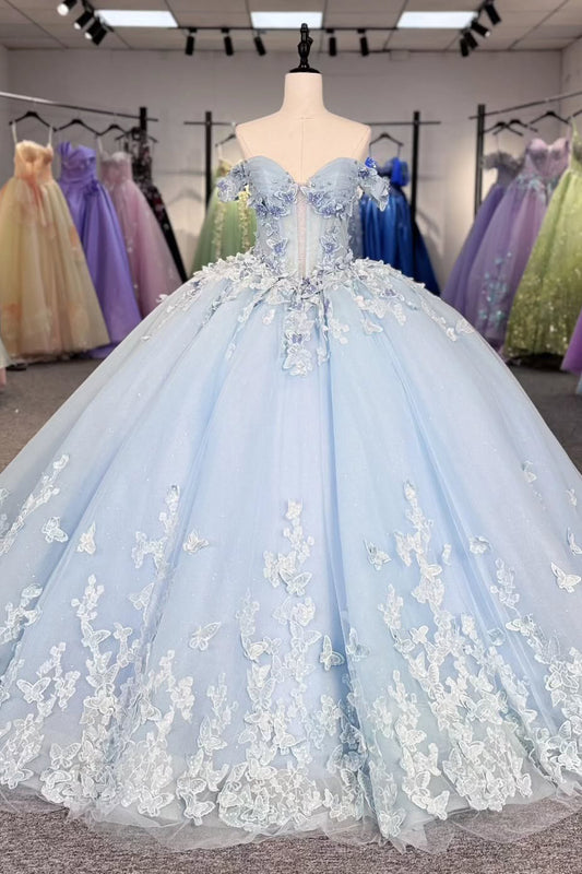 HE281-Gorgeous Ball Gown Quinceanera Dresses Tulle Lace Appliques Off Shoulder Sweet 16 Birthday Party Dresses