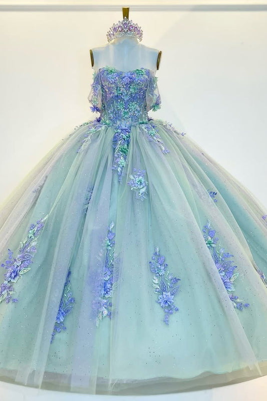 Vestidos de quinceañera con hombros descubiertos y apliques de encaje de tul, vestido de fiesta para dulces 16 HE501