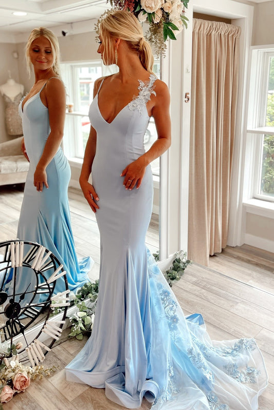 HE356-Women's Satin Lace Appliques Prom Dresses Long V Neck Evening Gowns Sexy Backless Formal Party Dresses