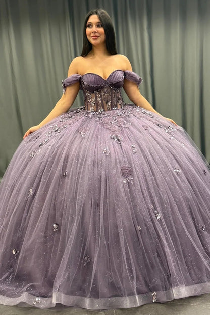 HE167 - Hermoso vestido de quinceañera con hombros descubiertos, vestido de baile de tul con encaje y cuentas, vestido de princesa para fiesta de cumpleaños y graduación para dulces 16