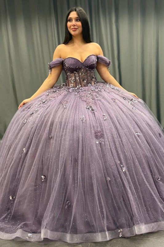 HE167 - Hermoso vestido de quinceañera con hombros descubiertos, vestido de baile de tul con encaje y cuentas, vestido de princesa para fiesta de cumpleaños y graduación para dulces 16