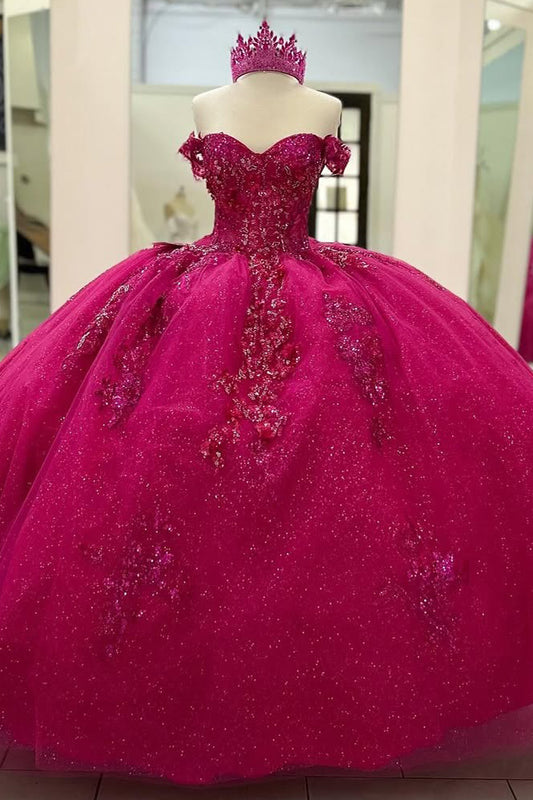 HE225 - Vestido de quinceañera de princesa con hombros descubiertos y apliques de encaje de tul, sin mangas
