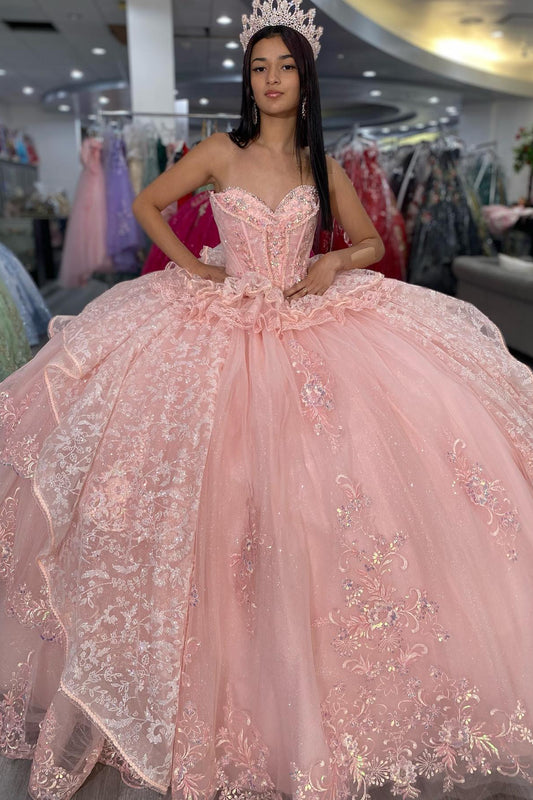 Pink Quinceanera Dresses Tulle Lace Ruffles Sweet 16 Party Dresses HE525