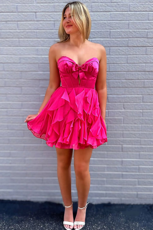 Vestidos de fiesta rosa intenso con escote corazón y corte en A sin tirantes para jóvenes HE557