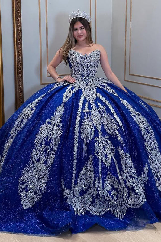 Vestidos de quinceañera con escote corazón, tul, apliques y cuentas, HE529