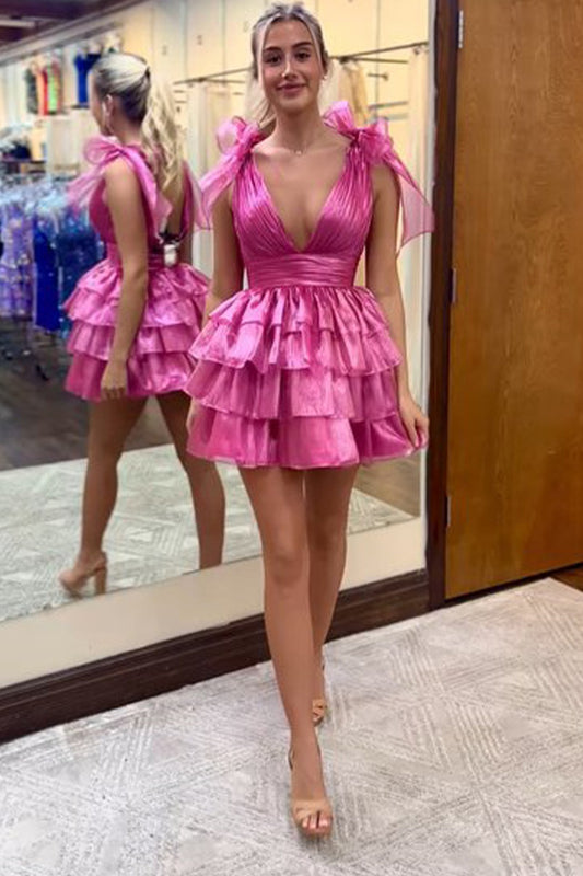 Knee Length Homecoming Dresses V Neck Tulle Ruffles Party Gowns HE464