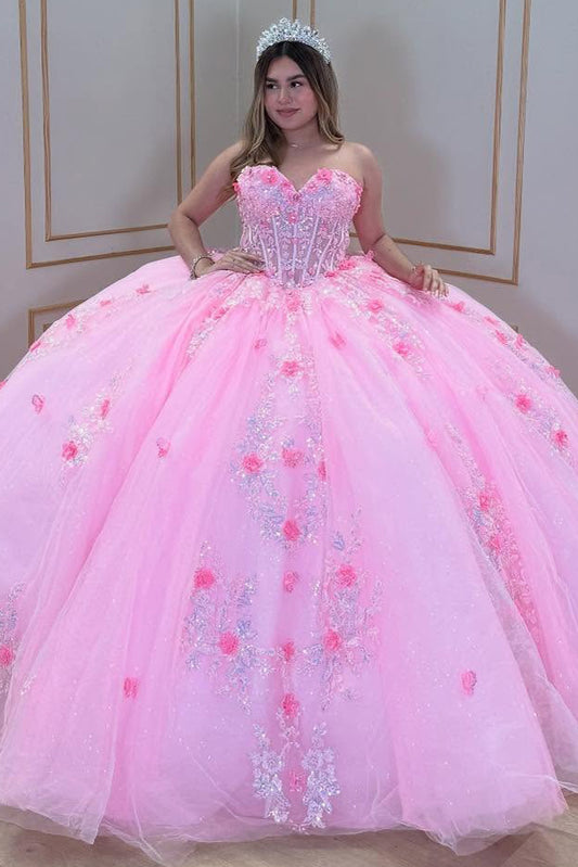 HE236-Hermosos vestidos de quinceañera de princesa con escote corazón, vestido de baile de tul rosa con apliques, vestidos de fiesta de cumpleaños de 16 años