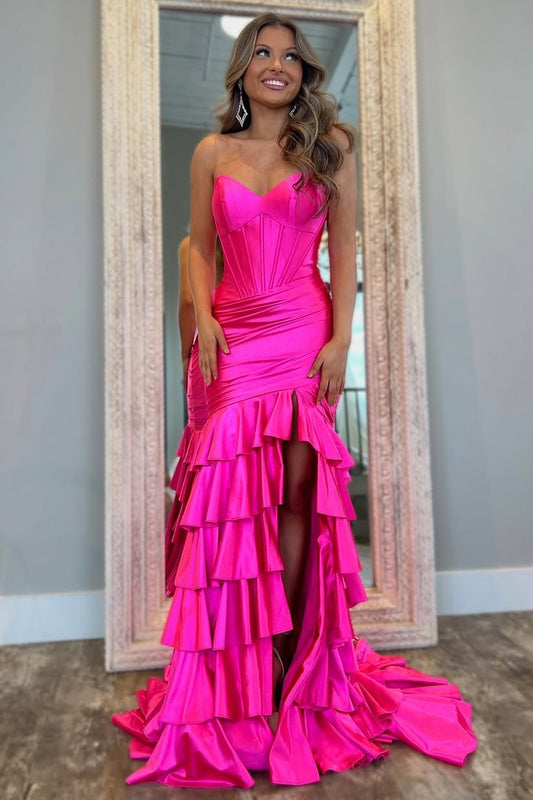 HE127-Vestido de fiesta largo rosa intenso con escote corazón y abertura, corte sirena, satén, volantes, vestidos formales, corsé, tallas grandes, vestidos de fiesta de noche