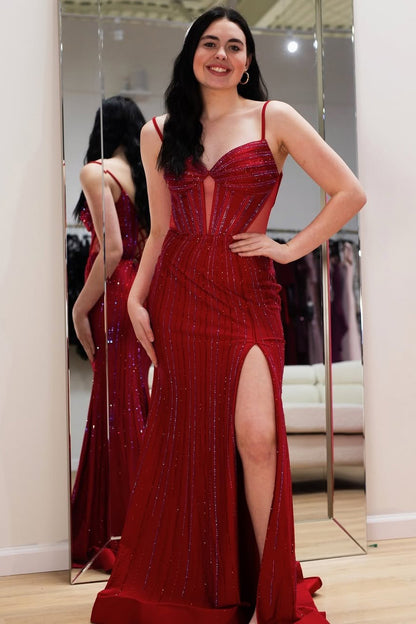 HE257-Mermaid Beaded Prom Dresses Long with Slit Corset Satin Sequin Formal Gowns Plus Size Evening Party Dresses
