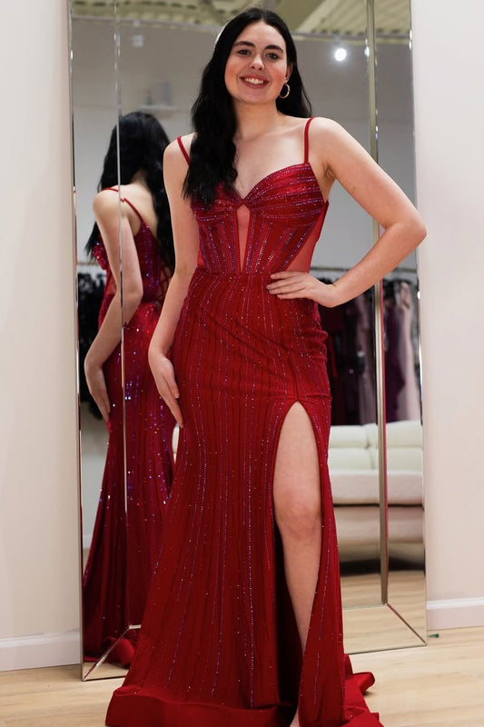 HE257-Mermaid Beaded Prom Dresses Long with Slit Corset Satin Sequin Formal Gowns Plus Size Evening Party Dresses