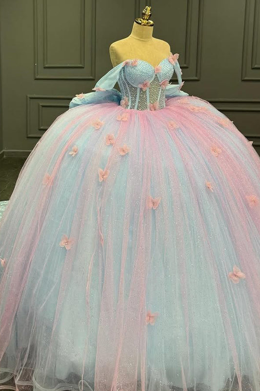 HE170 - Vestido de quinceañera con hombros descubiertos, tul, flores 3D y cuentas, estilo princesa, para fiesta de graduación de 16 años