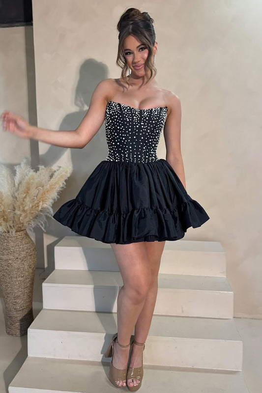 A Line Satin Pleated Beaded Corset Homecoming Dresses for Juniors HE608