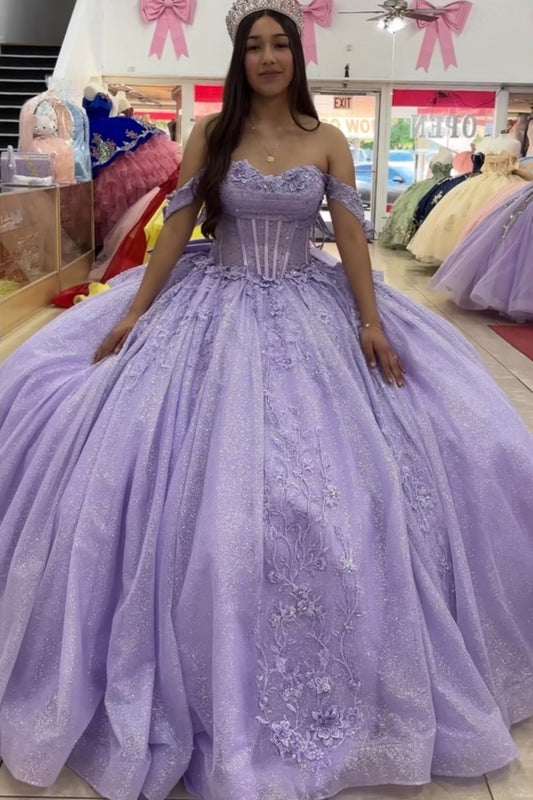 HE331-Lilac Off Shoulder Sweet 16 Quinceanera Dresses Tulle Lace Ball Gown Prom Party Dresses Princess Birthday Gowns