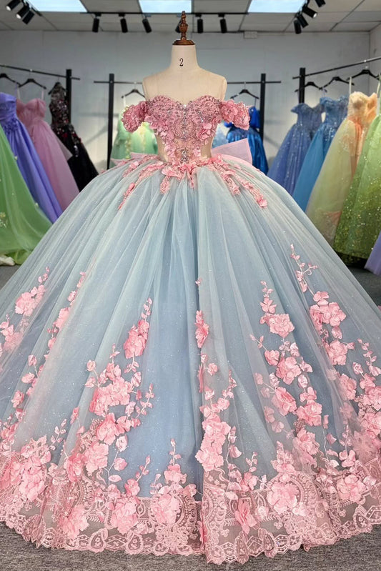 Vestidos de quinceañera con flores 3D de tul, estilo princesa, hombros descubiertos, para fiesta de dulces 16, HE441
