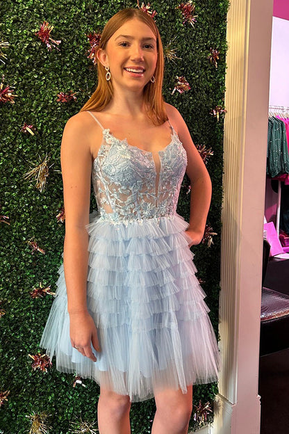 V Neck Tulle Lace Appliqued Homecoming Dresses Knee Length Party Gowns HE580