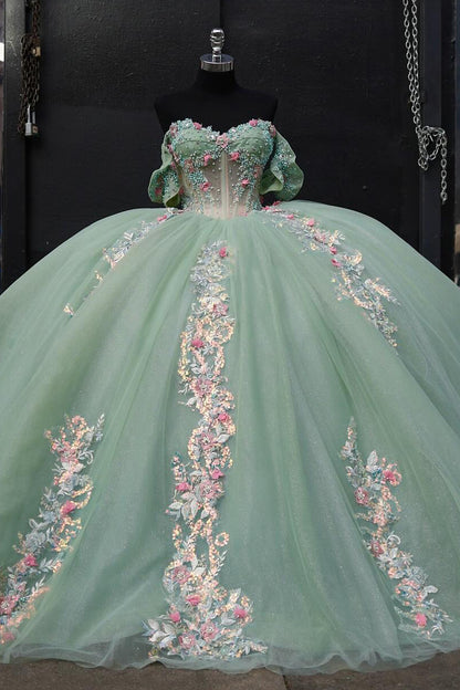 Off Shoulder Ball Gown Quinceanera Dresses Tulle Appliques Prom Gowns HE515