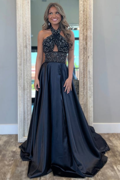 HE262-A Line Satin Beaded Long Prom Dresses for Women Black Halter Neck Evening Gowns Keyhole Sleeveless Party Dresses