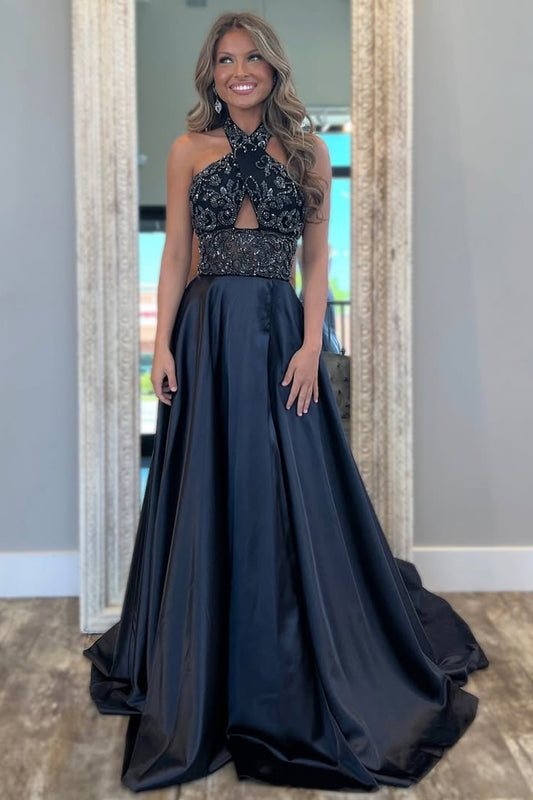 HE262-A Line Satin Beaded Long Prom Dresses for Women Black Halter Neck Evening Gowns Keyhole Sleeveless Party Dresses
