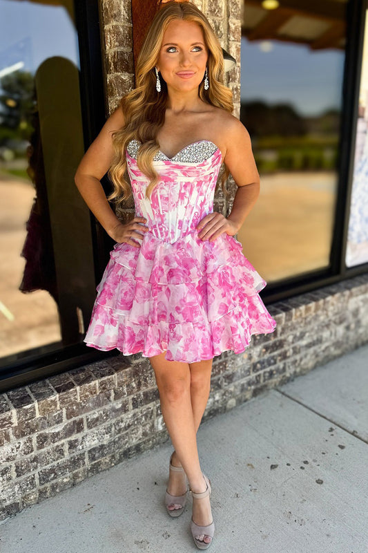 A Line Floral Print Homecoming Dresses Corset Beaded Party Gowns HE572