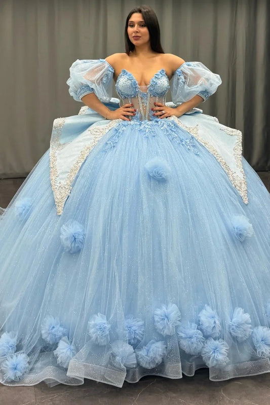 HE165-Sky Blue Sweetheart Quinceanera Dresses Princess Ball Gown Tulle Beaded Sweet 16 Birthday Party Dresses with Detachable Sleeves