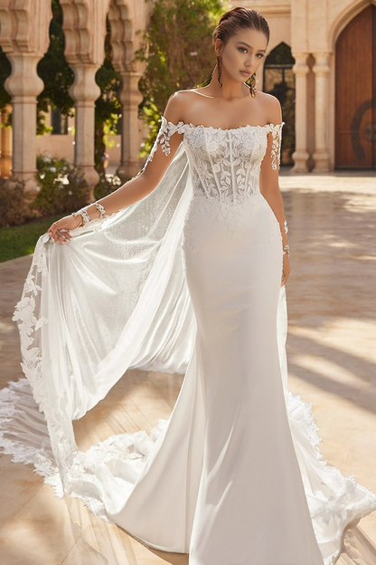 Mermaid Satin Lace Corset Off Shoulder Boho Wedding Dresses for Bride Hebebridal Mermaid Satin Lace Corset Off Shoulder Boho Wedding Dresses for Bride Hebebridal