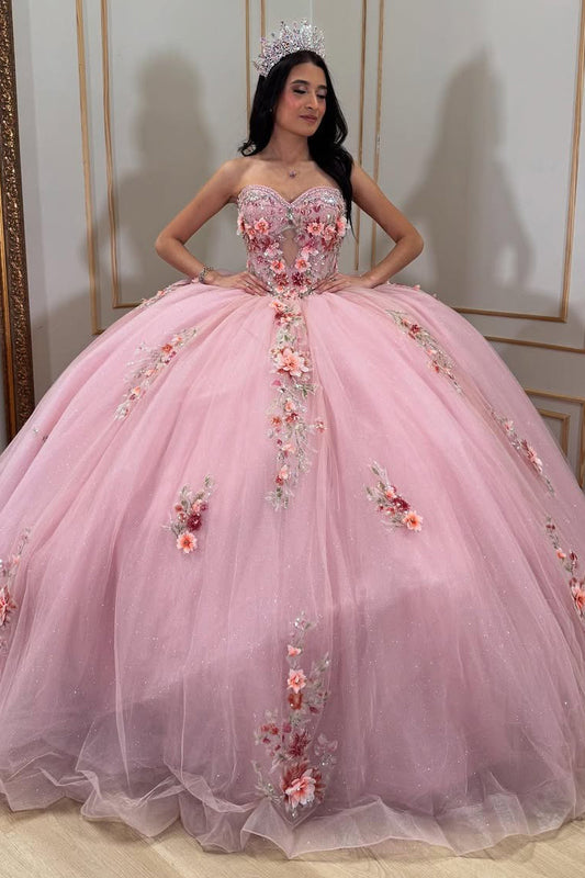 Sweetheart Pink Quinceanera Dresses Tulle 3d Flower Appliques Party Dresses HE150