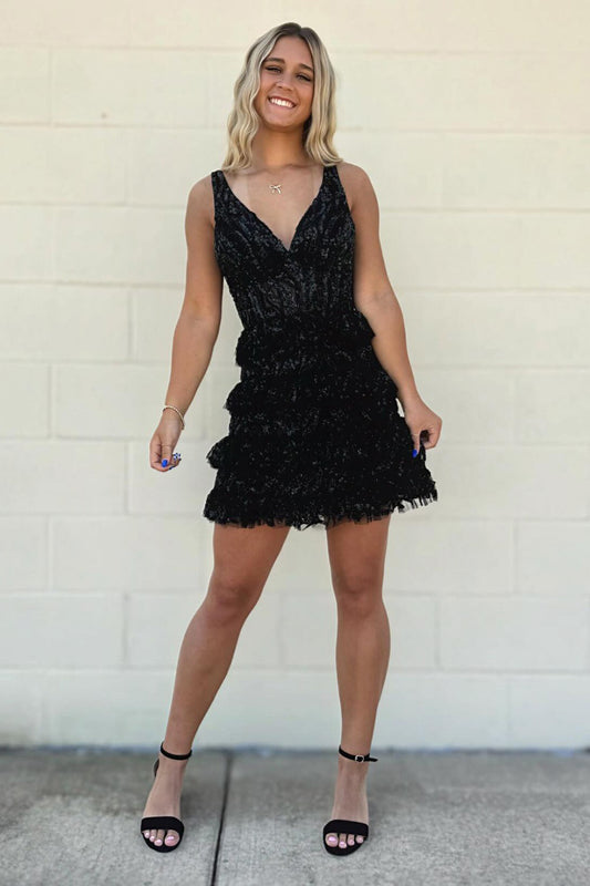Glittery Tulle V Neck Homecoming Dresses Short Lace Ruffles Cocktail Gowns HE469