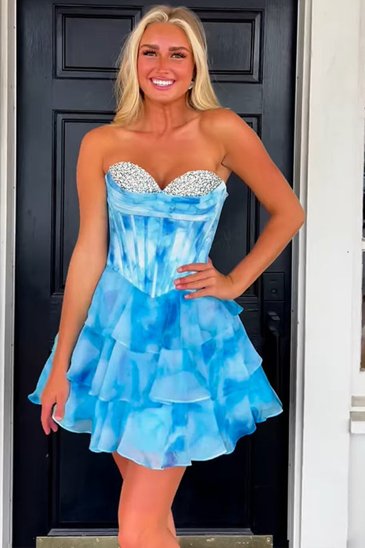 Floral White Blue Sweetheart A Line Corset Homecoming Dress with Beaded HE584