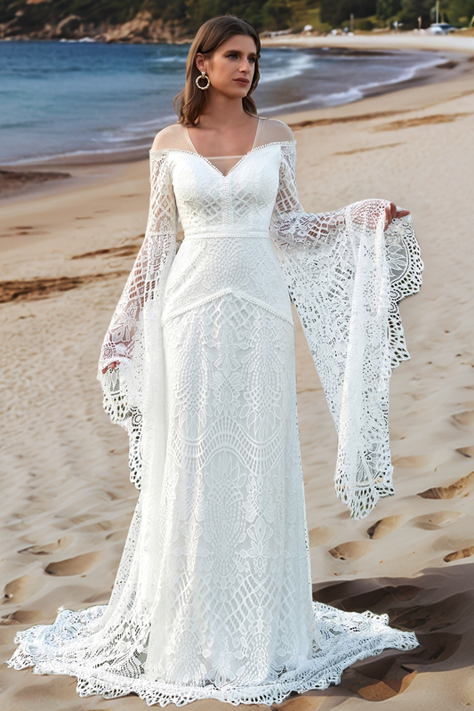 Women's Wedding Dresses Boho for Bride Long Sleeves Plus Size Lace Beach Bridal Gowns HE864