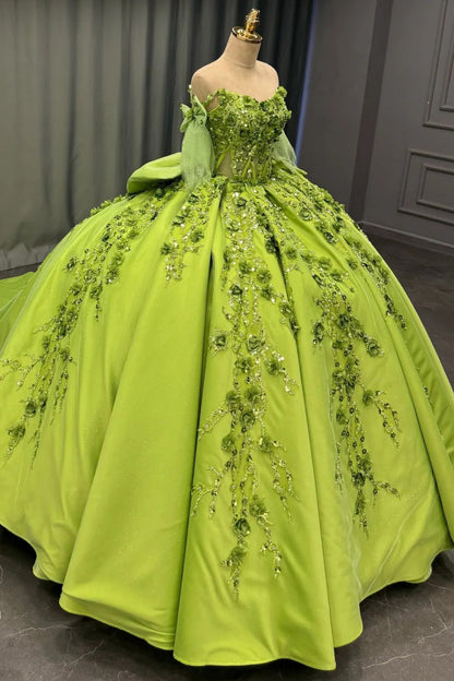 HE171 - Vestido de quinceañera princesa de satén con hombros descubiertos, vestido de baile con apliques de flores 3D y cuentas, para cumpleaños de 16 años
