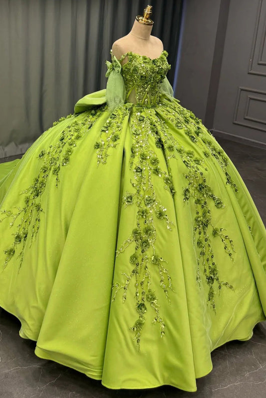 HE171 - Vestido de quinceañera princesa de satén con hombros descubiertos, vestido de baile con apliques de flores 3D y cuentas, para cumpleaños de 16 años