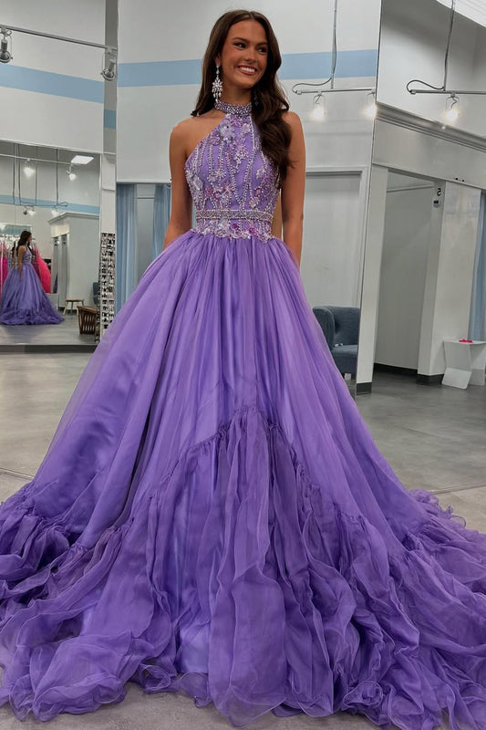 HE365-A Line Tulle Beaded Prom Dresses Long Halter Neck Party Gowns Sexy Backless Evening Dresses for Women